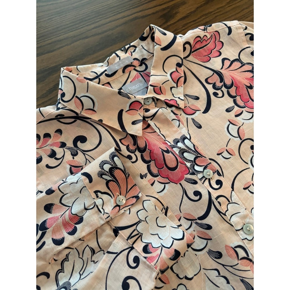 Chicos Women SZ 2 L=12/14 Peach Pink Floral No-Iron 3/4 Sleeve Button Down Shirt - Picture 5 of 10